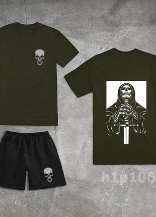 Чоловічий комплект шорти+футболка на весну у хакі-чорному кольорі premium якості, стильний та зручний комплект на кожен день