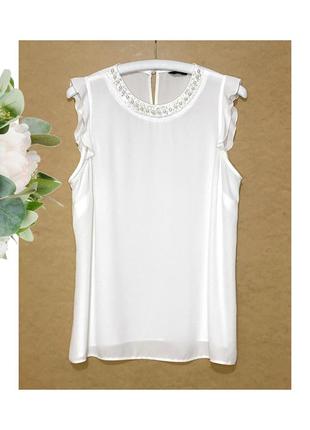 L белая блуза женская блузка рукав крыльце с жемчужинами по горловине летняя тонкая полиэстер