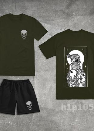 Чоловічий комплект шорти+футболка на весну у хакі-чорному кольорі premium якості, стильний та зручний комплект на кожен день