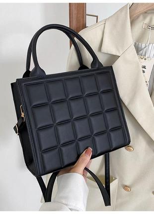 Черная квадратная женская сумка в клетку сумка через плечо из кожзама