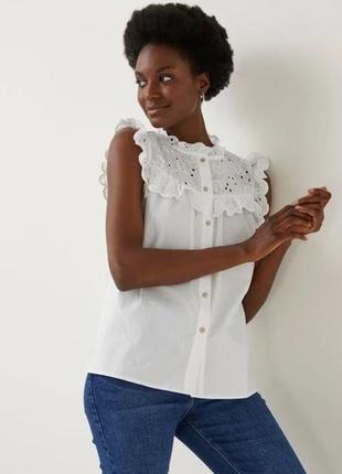 100% бавовна білосніжна блуза з прошви біла блузка вільного крою з рюшами ошатна блуза без рукавів