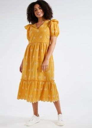 Бавовняне ярусне плаття-міді у стилі вишиванки/сукня прошва з воланом в етно бохо стилі