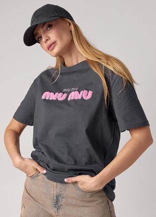 Трикотажна футболка з написом miu miu — темно-сірий колір, s (є розміри)