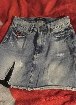 Юбка джинсовая юбка мини до колен с разрезом джинсы