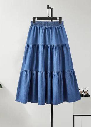 Джинсовая юбка миди ярусная юбка миди юбка на резинке джинслвая юбка в складку пышная юбка