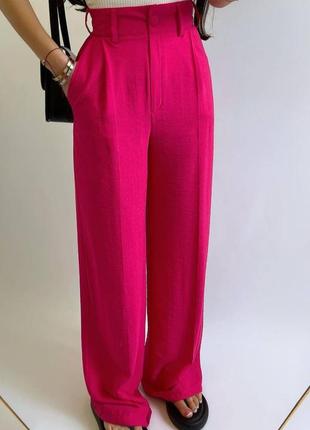 Жіночі стильні брюки висока посадка широкий пояс бічні кишені шльовки під пояс льон жатий