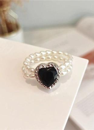 Тренд стильне кільце каблучка перли перлини намистини серце чорний кристал
