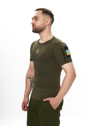 Футболка чоловіча з гербом україни та липучками та змійкою, футболка хакі для військового