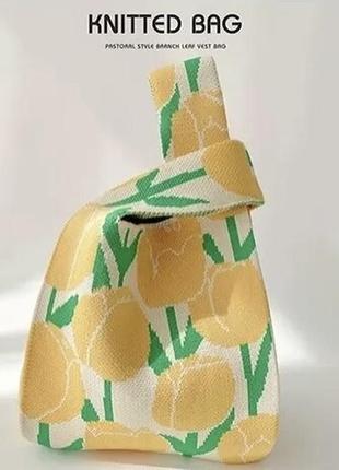Тренд стильна жовто зелена в квіти жіноча в'язана текстильна сумка шопер