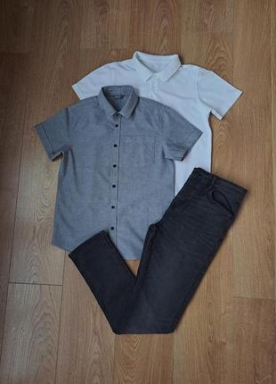 Набор/черные джинсы/белая тенниска/нарядная рубашка с коротким рукавом для мальчика
