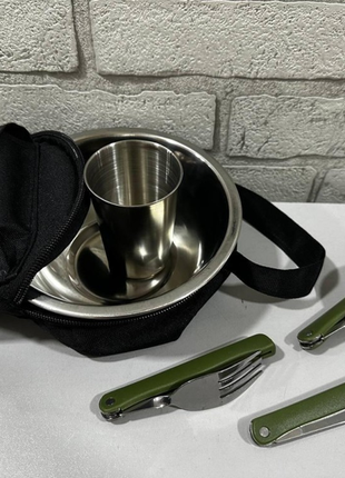 Комплект посуду для 1 людини складні прибори олива +сумка чорна м-46258