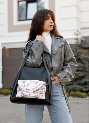 Большая женская сумка с цепью и большим карманом, черная с розовым, матовая эко-кожа