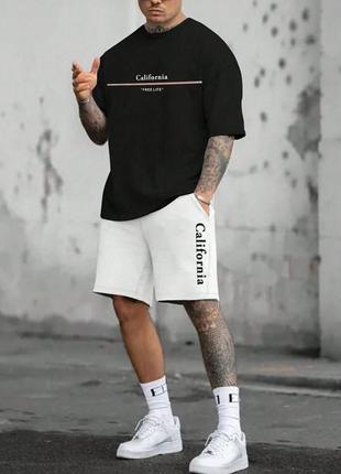 Бело черный комплект футболка шорты мужской стильный