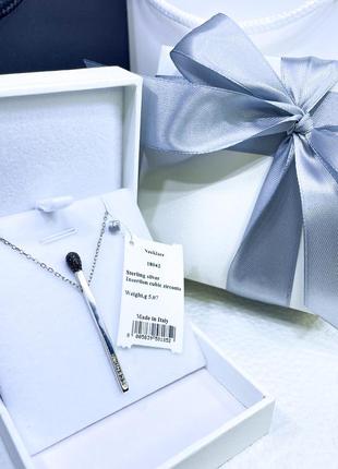 Серебряное ожерелье колье кулон подвеска спичка с черными камнями стильное классическое минимализм серебро проба 925 новое с биркой