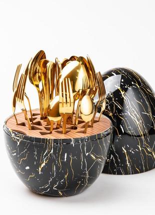 Набір столових приборів з нержавіючої сталі золотого кольору з підставкою на 6 персон, 24 предмети, чорний мармур