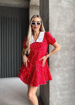 Платье короткое в горошек с воротником свободного кроя качественное стильная летняя красная черная