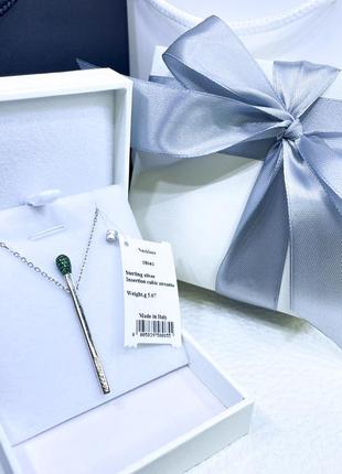 Серебряное ожерелье колье кулон подвеска спичка с зелеными камнями стильное классическое минимализм серебро проба 925 новое с биркой