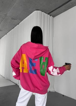 Трендовий костюм спортивний худі з капюшоном надписом принтом вільного крою на блискавці штани джогери з високою посадкою на резинці10 фото