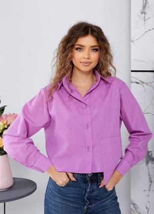 Женская трендовая укороченная молодежная рубашка с карманом коттон