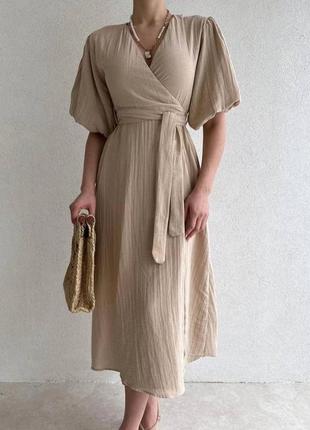 Льняна сукня на запах з декольте рукавами ліхтариками поясом міді вільного крою