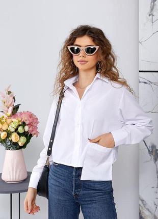 Женская трендовая белая укороченная молодежная рубашка с карманом коттон