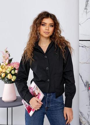 Женская трендовая черная укороченная молодежная рубашка с карманом коттон