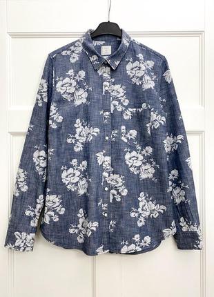 Рубашка gap шамбре из чистого хлопка в цветочный принт синяя с голубым