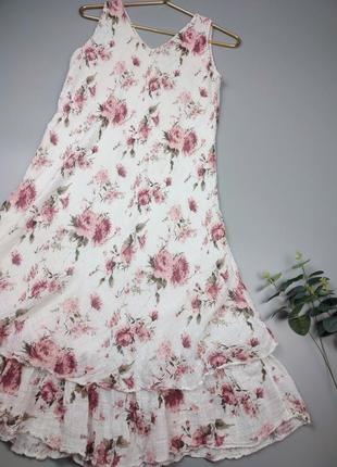Белое платье из льна италия, нежное платье миди с цветами
