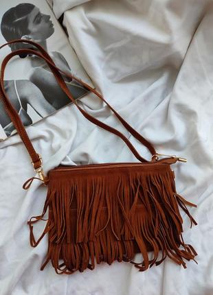 Трендовая сумка с бахромой бахромой сумочка клатч кросс боди замшевая более коричневая