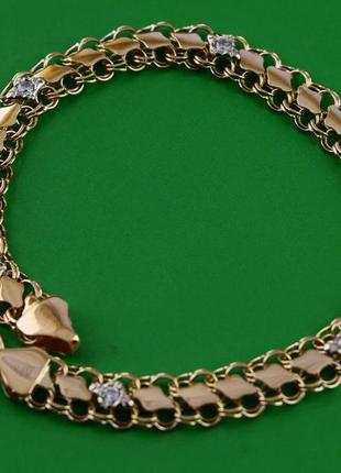 Золотий браслет подвійний бісмарк з накладками та камінням 6,44 гр, 18 см, золото 585 проба.