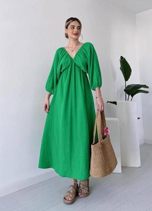 Платье миди однотонное свободного кроя с открытой спиной на длинный рукав качественная муслиновая зеленая малиновая