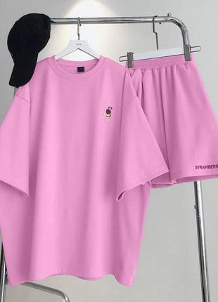 Костюм жіночий однотонний оверсайз футболка шорти на високій посадці якісний стильний трендовий рожевий чорний