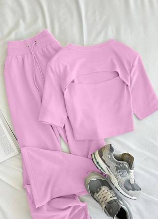 Костюм жіночий топ короткий з вирізом штани на високій посадці якісний стильний трендовий рожевий чорний
