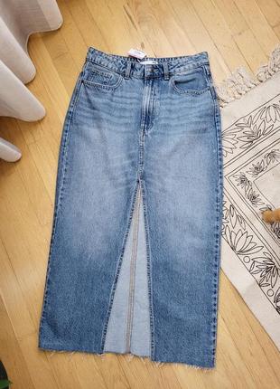 Новая голубая синяя джинсовая миди юбка с разрезом женская трендовая