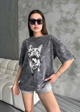 Трендова футболка варьонка з принтом "мопс" , футболка із натуральної тканини, жіноча футболка в стилі оверсайз/ мод 2560