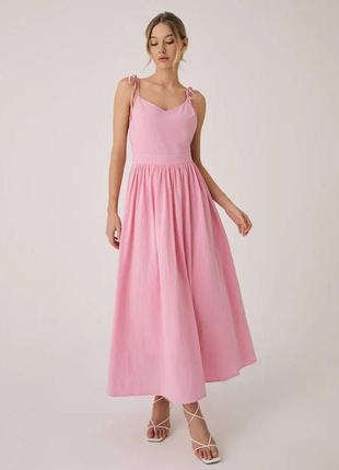 Платье миди льняное однотонное на брителях свободного кроя летнее стильное оливковое розовое