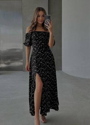 Платье миди с цветочным принтом с разрезом по ноге с открытой спиной на шнуровке свободного кроя стильная летняя черная голубая