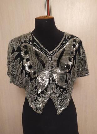 Блуза бабочка. вышивка бисером и пайетками на шелке