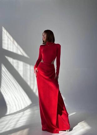 Костюм женский однотонный боди на длинный рукав юбка макси на высокой посадке красный черный