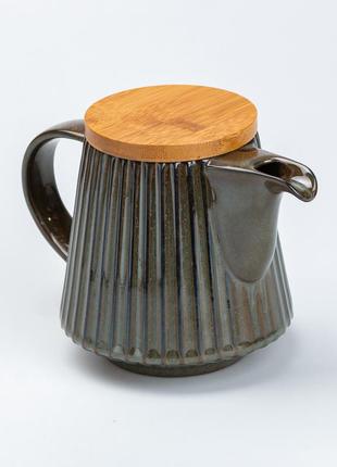 Чайник для заварювання 850 мл керамічний з бамбуковою кришкою зелений з коричневим5 фото