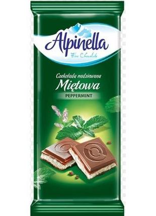 Шоколад молочний alpinella з м'ятною начинкою 90 г (5901806003088)