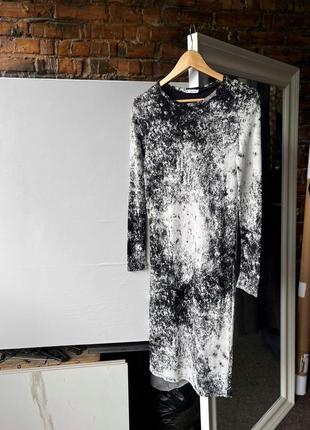 Zara women's black/white long sleeve midi dress tie-dye женское платье