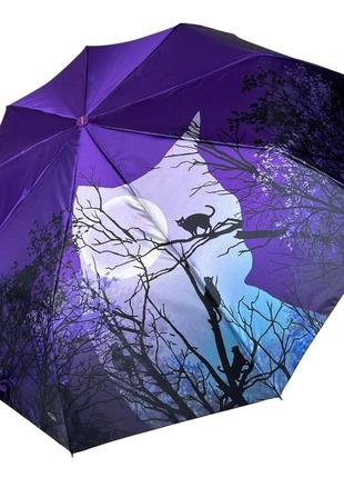 Женский зонт полуавтомат с изображением города и черной кошки от frei regen, фиолетовый, 03055-2