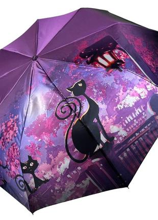 Жіноча парасоля напівавтомат із зображенням нічного міста та чорної кішки від frei regen, бузковий, 03055-1