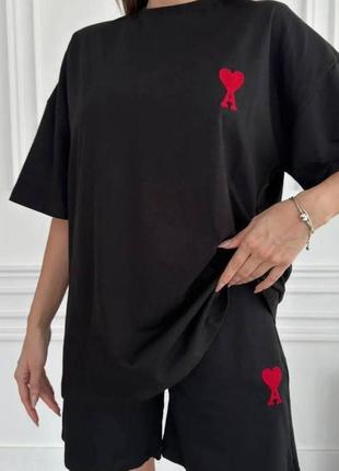 Костюм женский оверсайз футболка с принтом шорты на высокой посадке с карманами качественный трендовый черный