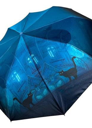 Жіноча парасоля напівавтомат із зображенням нічного міста та чорної кішки від frei regen, блакитний, 03055-6