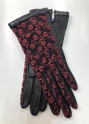 Женские кожаные перчатки без подкладки из натуральной кожи с гипюровой вставкой размер 6,5"/18 см1 фото