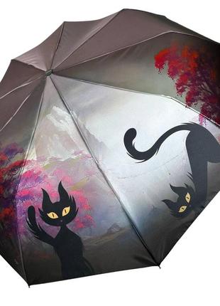 Жіноча парасоля напівавтомат із зображенням нічного міста та чорної кішки від frei regen, бежевий, 03055-3