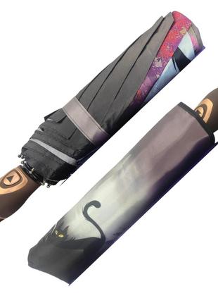 Женский зонт полуавтомат с изображением города и черной кошки от frei regen, бежевый, 03055-3