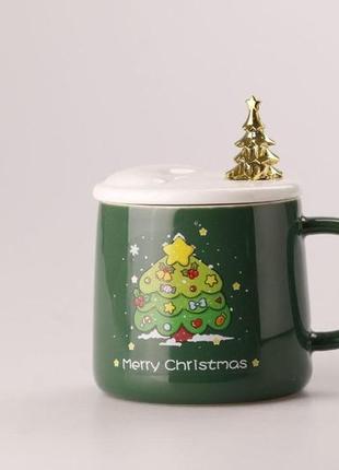 Чашка керамічна merry christmas 500мл з кришкою і ложкою чашка з кришкою зелений `ps`